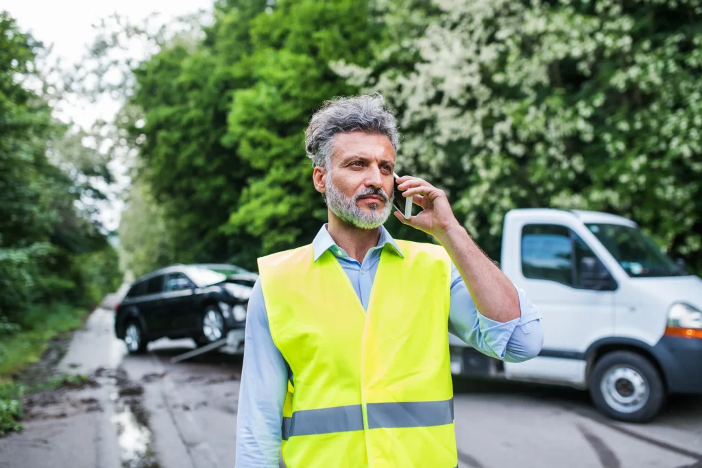 Mature man making phone call after car accident
