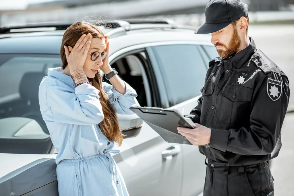 woman driver getting ticket by policeman