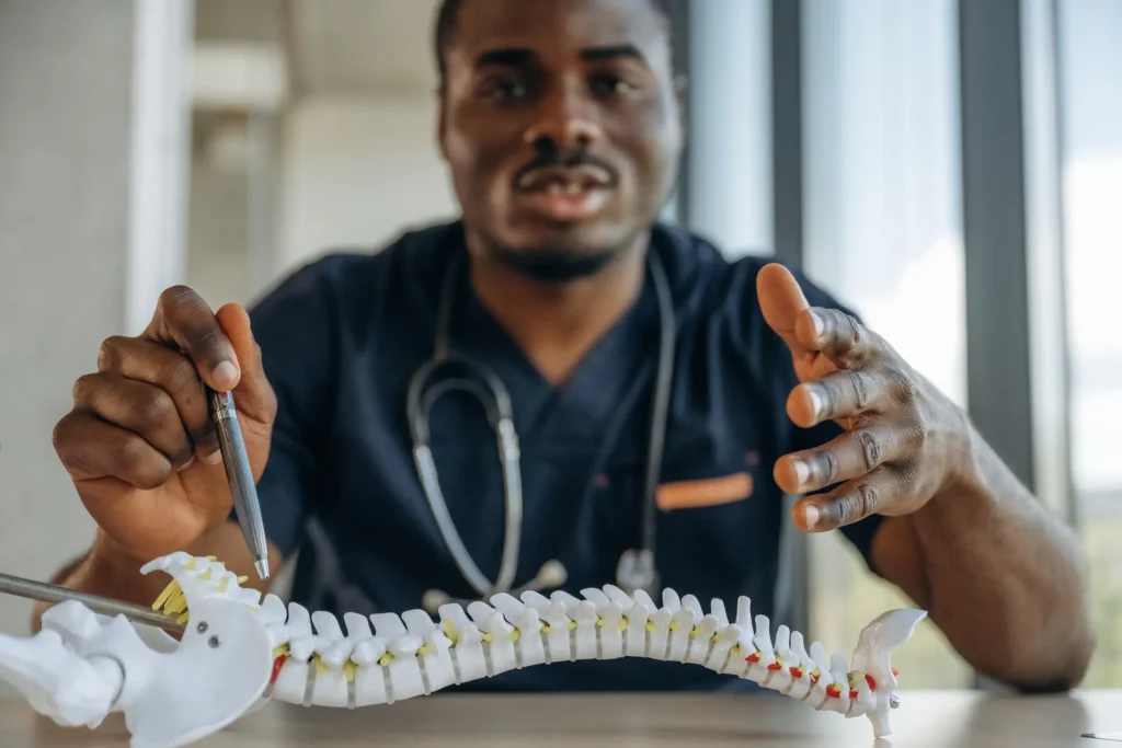 Dr showing model of human spine