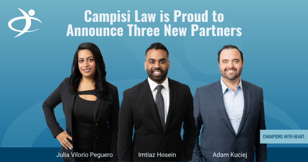 Banner announcing Campisi Law's three new partners, featuring Julia Vilorio Peguero, Imtiaz Hosein, and Adam Kuciej in business attire against a blue gradient backdrop with the firm’s logo on the left.